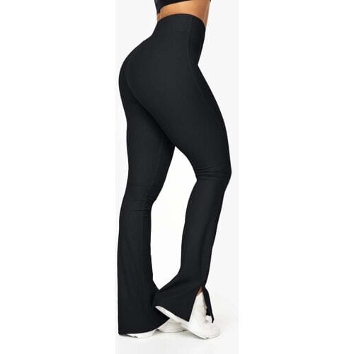 FAMME Ribbed Split Flared Leggings Black XS