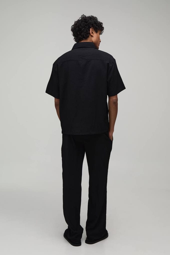 Gestreepte Seersucker Oversized Shirt & Relaxed Broek Set | Black | Size Medium