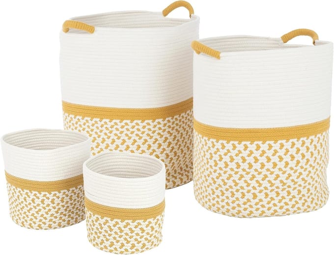 Set Van 4 Spoel Mand Rond Patronen Textiel Wit/Oranje