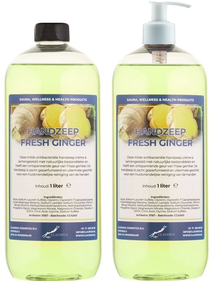 Handzeep Fresh Ginger 1 liter - set van 2 stuks - met gratis pomp - Voordeelverpakking