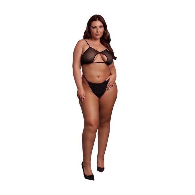 Keyhole Mesh Bra with Double Back Straps and Adjustable Sliders - Plus Size - Black