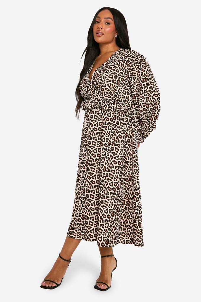 boohoo Dames Plus Geweven Luipaard Wrap Midi Jurk | Leopard | Maat: 28