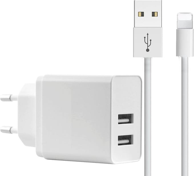 USB Lader met Oplaadkabel - Geschikt voor iPhone X en ouder - 2 Poorten - USB A - 12 Watt