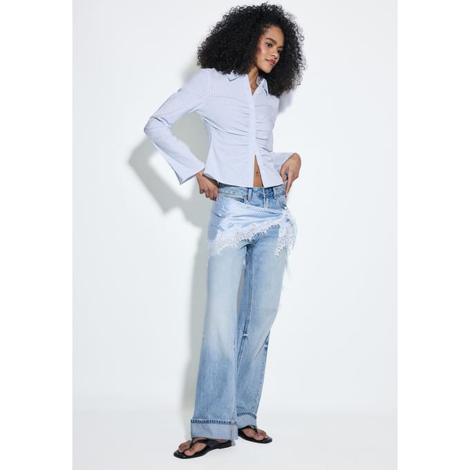 Stradivarius D92 straight wide jeans met scheuren  LICHTBLAUWE DENIM WASSING 32