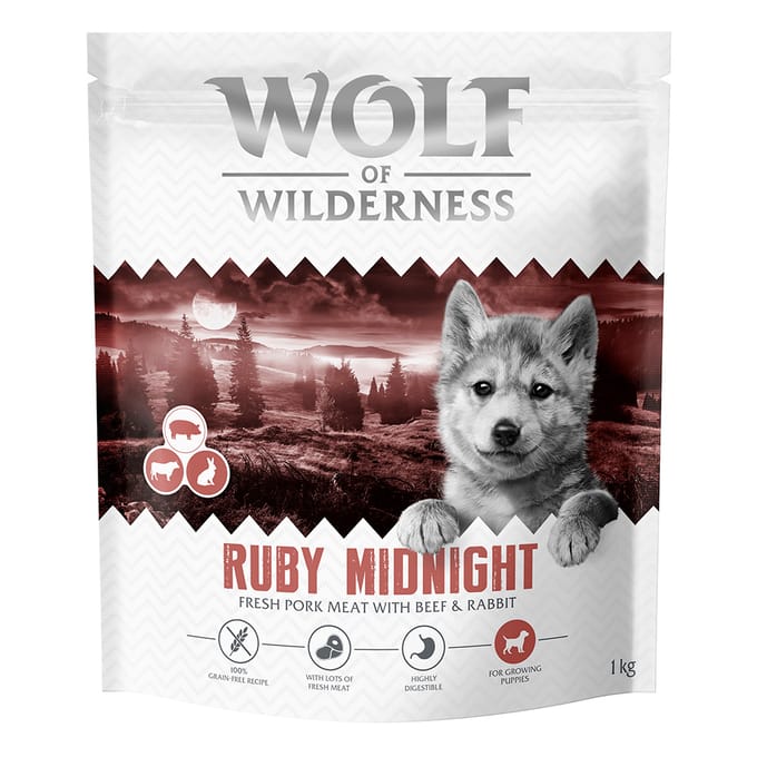 5x 1kg Wolf of Wilderness Junior Ruby Midnight Rund & Konijn graanvrij droogvoer voor honden