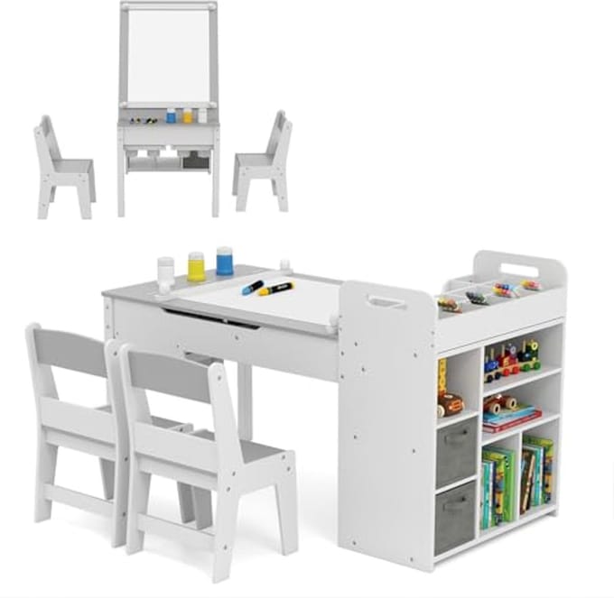 Kindertafel Set met 2 Stoelen en Papierrol - Creatieve Speelruimte voor Kinderen