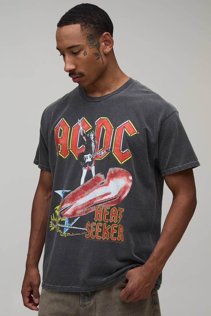 Oversized Gewassen Acdc Licentie Print T-shirt | Washed Charcoal | Size Medium