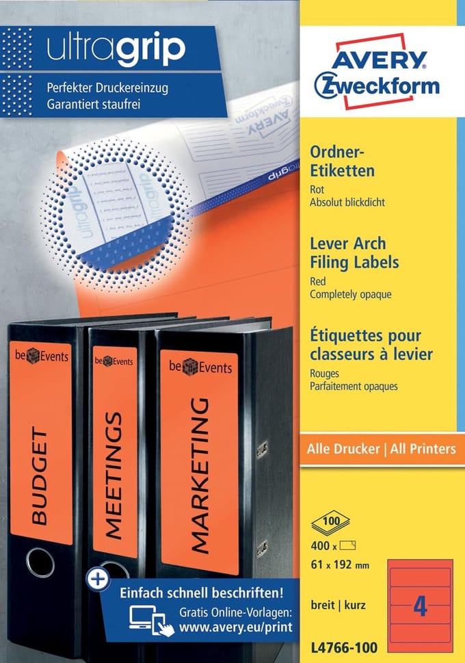 Avery Border Binder Labels, Red 192 x 61mm (100)