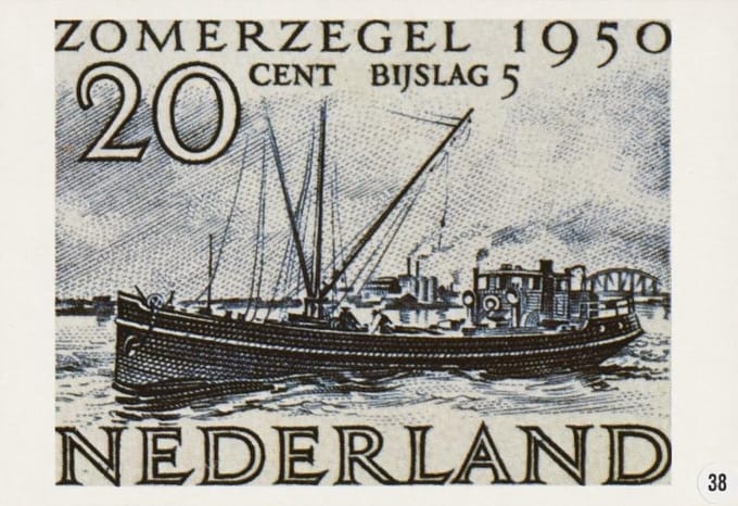 Briefkaart met afbeelding motorschip postzegel