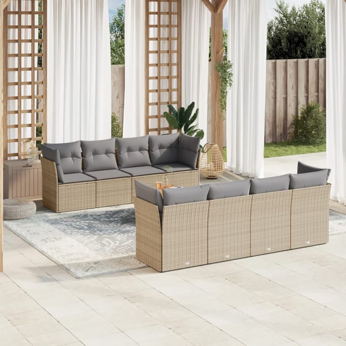 vidaXL - 9-delige - Loungeset - met - kussens - poly - rattan - beige