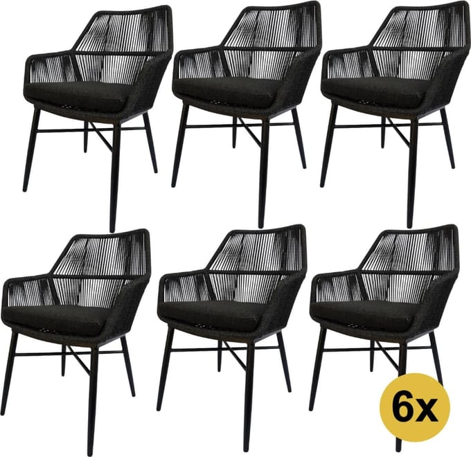 Set van 6 Chianti dining tuinstoel zwart rope