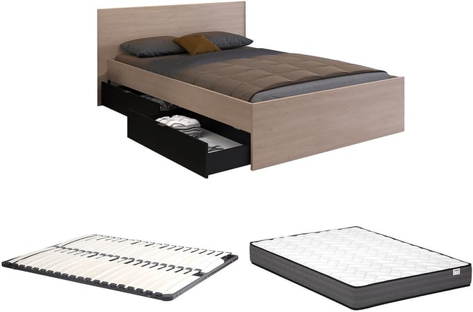 Vente-unique Bedframe hout zwart, natuurlijk licht 160 x 200 cm