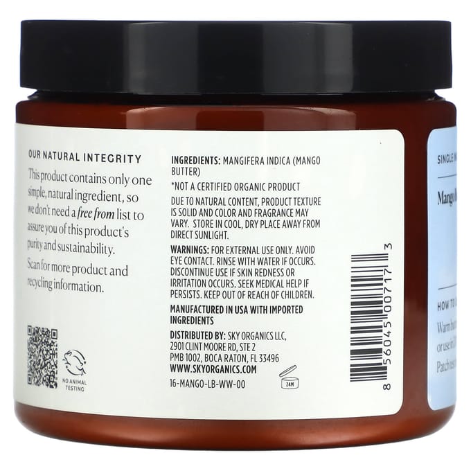 Sky Organics, Beurre de mangue cru biologique, 473 g (454 g) black