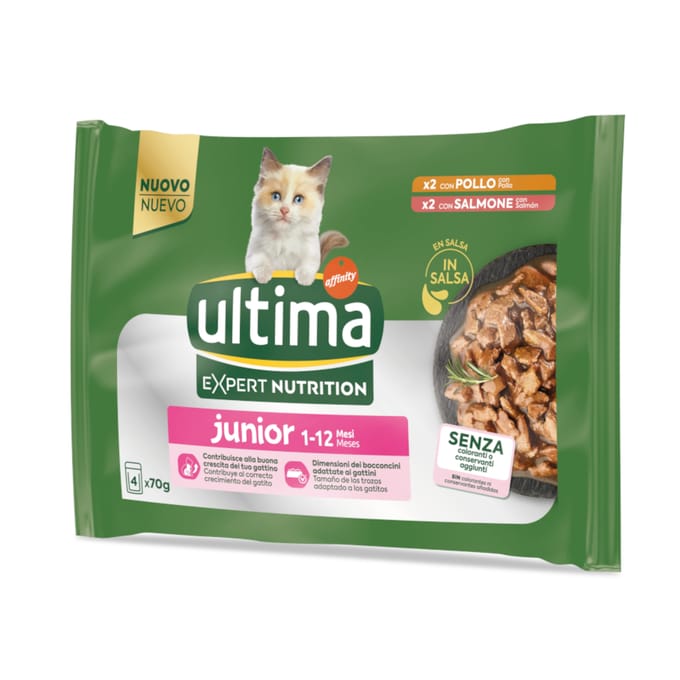 3 x 70 g + 1 x 70 g gratis! Ultima Expert Nutrion natvoer voor katten - Junior Kip & Zalm