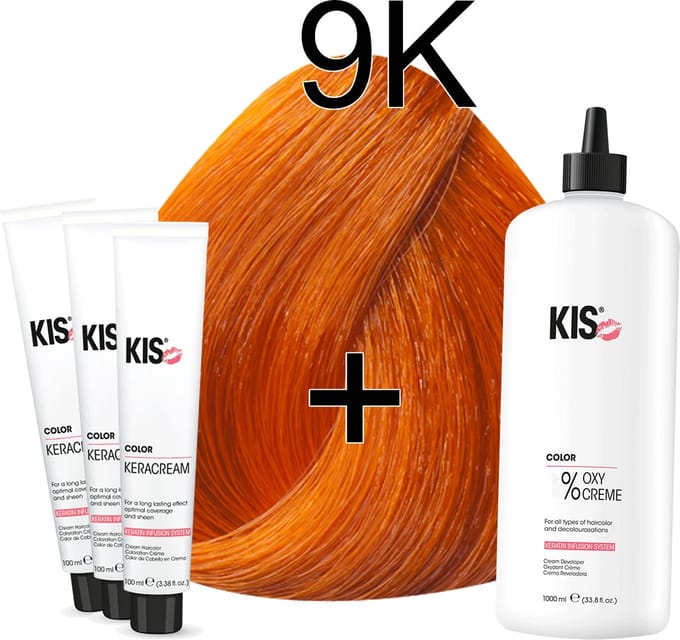Kis KeraCream Color - 100ml - Haarverf Set - 9K Extra licht koper | KIS - (3 x haarverf & 1L waterstofperoxide)