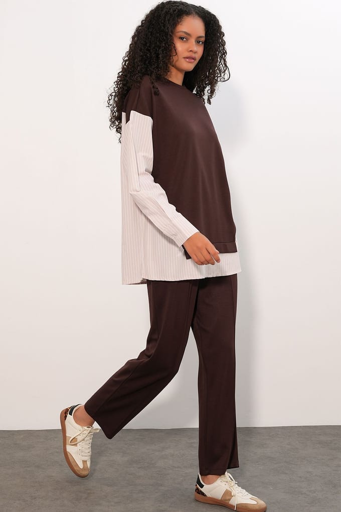 Gestreepte Lange Crew Neck Twee-Delige Coördineer Set