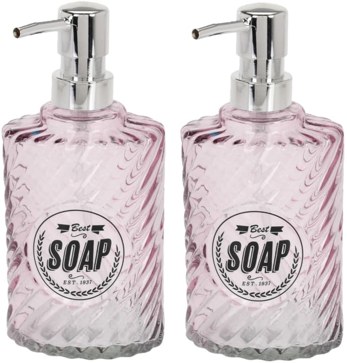 Items Zeeppompje/dispenser - 2x - 17 cm - glas - roze - 300 ml - navulbaar - toilet/badkamer/keuken
