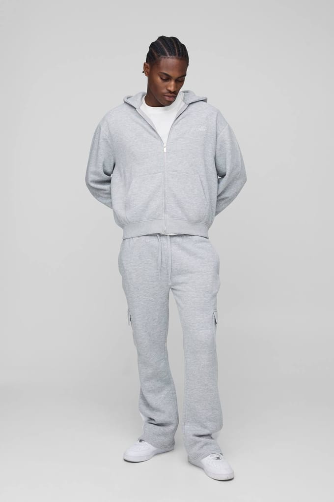 Ruimvallende boxy Men's Script trainingspak met rits door inzetstuk | Grey Marl | Size Medium