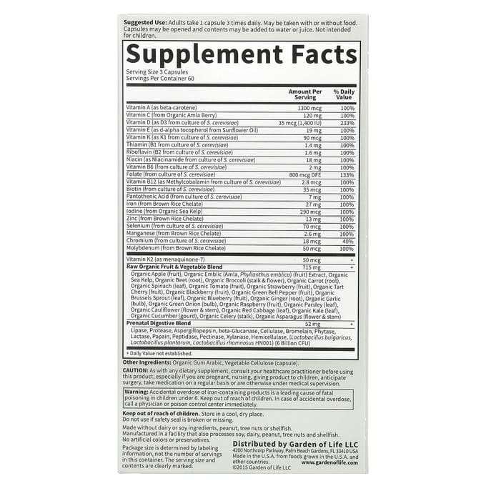 The Vitamin Code Prenatal (180 Capsules) - Garden Of Life