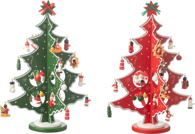 J-Line decoratie kerstboom + figuurtjes Plooiend - hout - rood/groen - 2 st.
