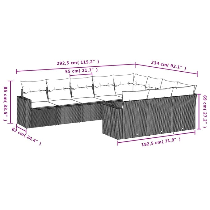 vidaXL - 10-delige - Loungeset - met - kussens - poly - rattan - grijs
