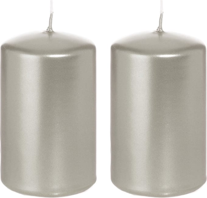 Cilinderkaars/stompkaars - 2x - zilver - 5 x 8 cm - 18 branduren - horeca kaarsen