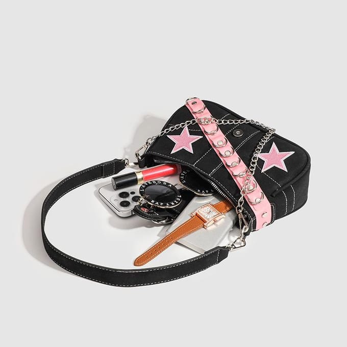 Sac à bandoulière en forme de baguette avec ceinture rose et étoile, design de niche, sac à chaîne sous les bras pour fille gray