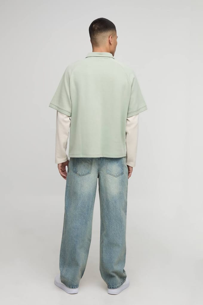 Oversized Premium Interlock Faux Sleeve Polo T-Shirt | Sage | Size Medium