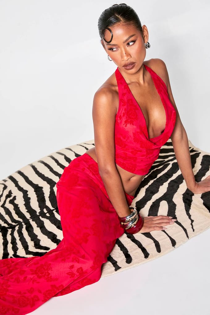 boohoo Dames Bloemen Flocked Mesh Maxi Rok | Red | Maat: 8