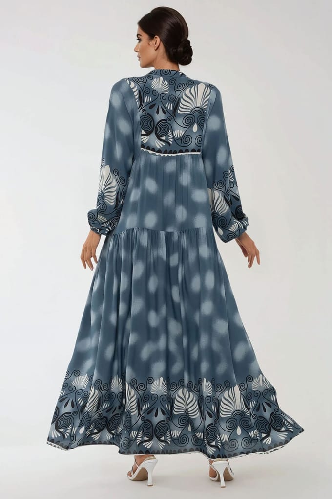 Bedrukte Lange Mouw Viscose Maxi Jurk