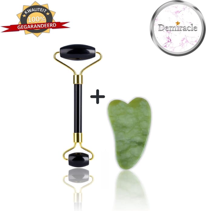 Demiracle Black Obsidian Face Roller met Gua Sha Jade Schraper - Valentijnsdag - Cadeau - Gezichtsroller - Massage Roller - Jade Roller - Rimpelverwijdering - Ontspanning - Kwaliteit