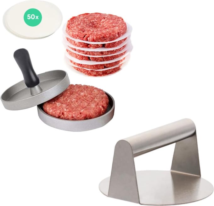 YUGN Smash Burger Pers RVS + Hamburgerpers - Complete 2-in-1 BBQ Set - Inclusief 50 Waxpapiertjes