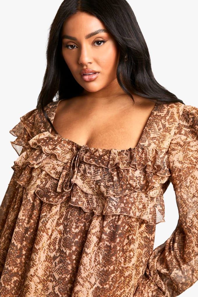 boohoo Dames Plus Snake Print Ruffle Smock Mini Jurk | Slangenprint | Maat: 44