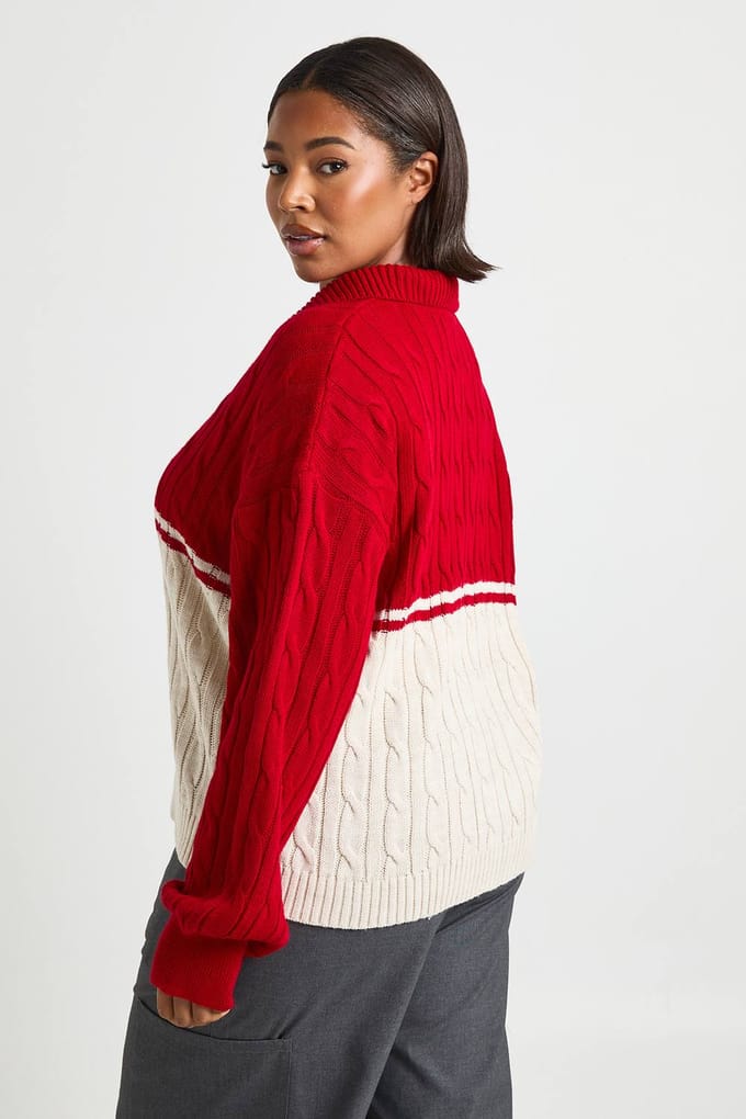boohoo Dames Plus Chunky Knit Kabeltrui met ritssluiting en kraag | Rijk Rood | Maat: 44-46