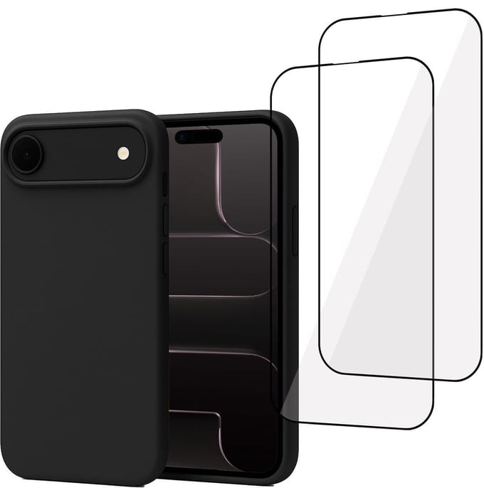 Technow hoesje + 2x Screenprotector geschikt voor iPhone 17 – Full Screen Tempered Glass - Liquid Back Case - Cover - Zwart