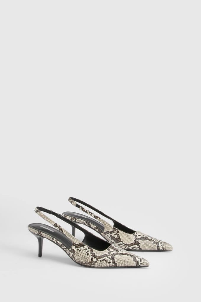 boohoo Dames Slangenleer Low Stiletto Slingback Pumps | Snake | Maat: 8