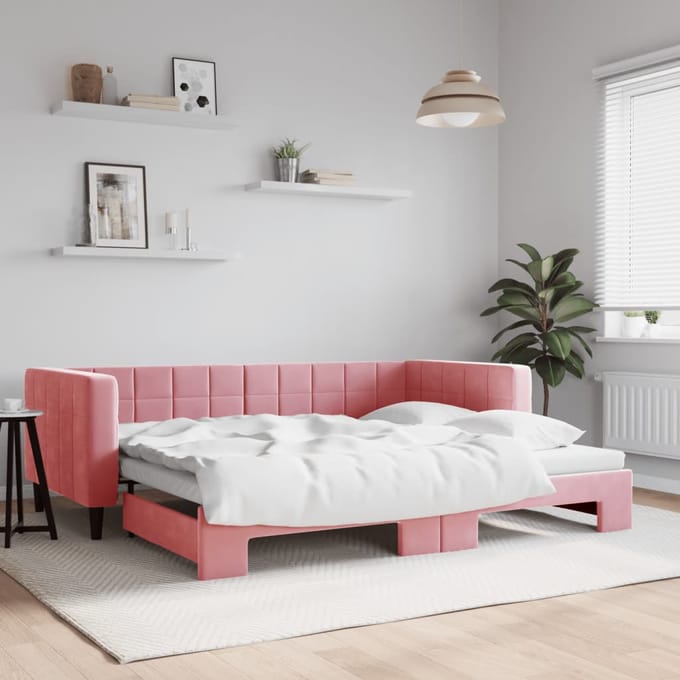 vidaXL - Slaapbank - met - onderschuifbed - 90x200 - cm - fluweel - roze