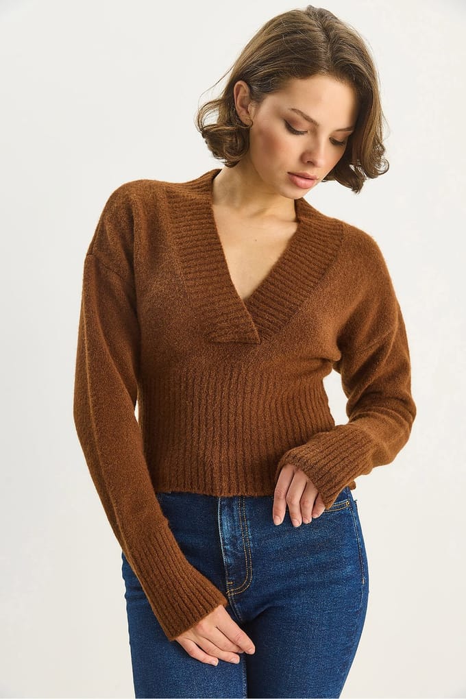 Geribbelde V-hals Slim Fit Crop Trui