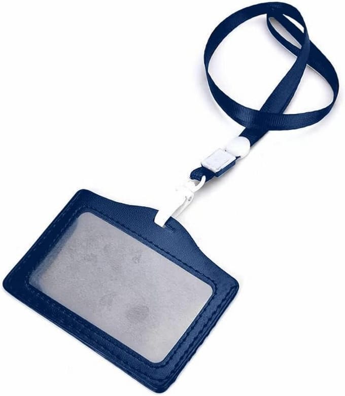Blauwe Horizontale Kaarthouder / Badgehouder met Transparant Venster en Afneembaar Koord