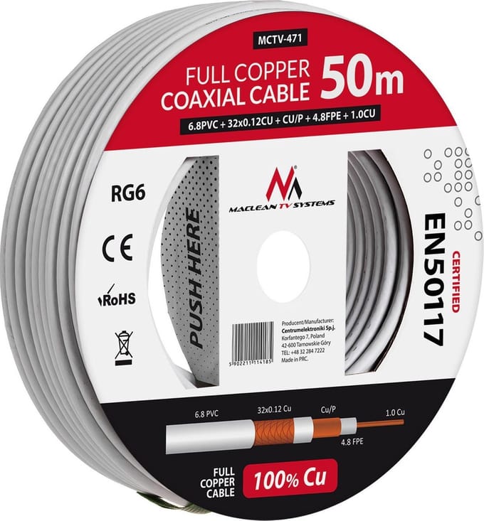 Antennekabel coaxkabel RG6 Pure Copper 50m Maclean MCTV-471 SAT