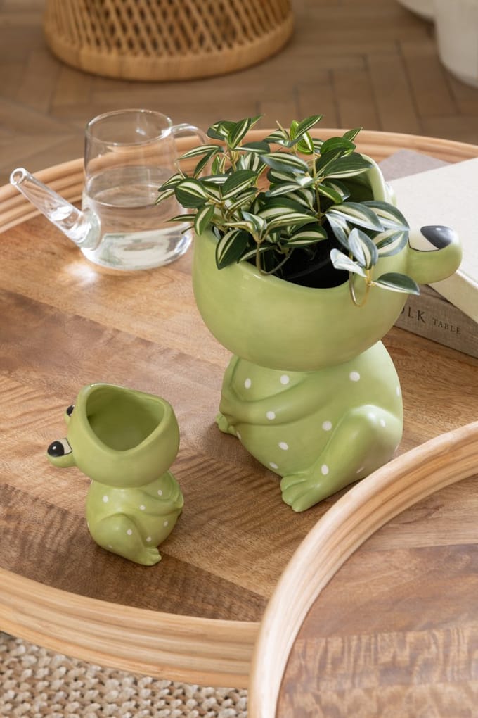 J-Line bloempot Kikker Open Mond Dolomiet - keramiek - groen - small - 11 cm hoog