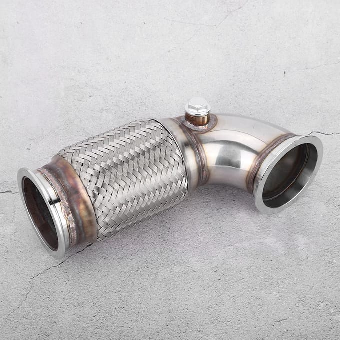 3in Stalen V-band naar V-band Downpipe Laag 90 graden met w Flex Balg O2 Aansluitingen Plug gray