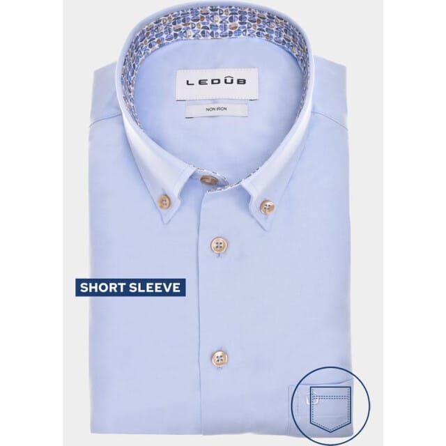 Ledûb Overhemd Uni Short Sleeve Cotton Non-Iron Subtle Contrast Licht Blauw / male