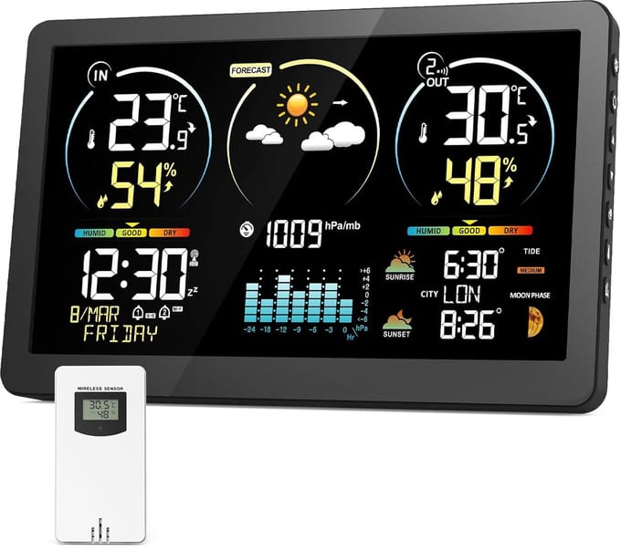 Weerstation met Buitensensor - Weercomputer Digitale Klok - Thuis Klimaat Monitoren - 7.8 Inch Kleurendisplay - 60m Bereik - Zwart