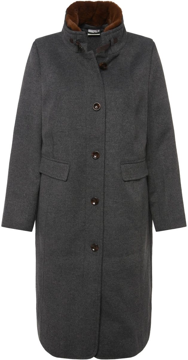 Ulla Popken - Dames - Traditionele mantel opstaande kraag geweven bont - Taupe - Maat 46+