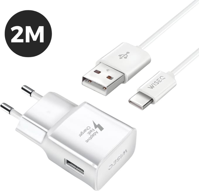 WiseQ USB C Oplader - Geschikt voor Samsung Galaxy - 18W Adaptive Fast Charging - Met Oplaadkabel 2 Meter - Wit