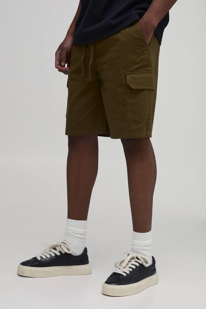 Tall Essential Relaxed Fit Elasticated Mid Length Twill Cargo Shorts | Khaki | Size Small