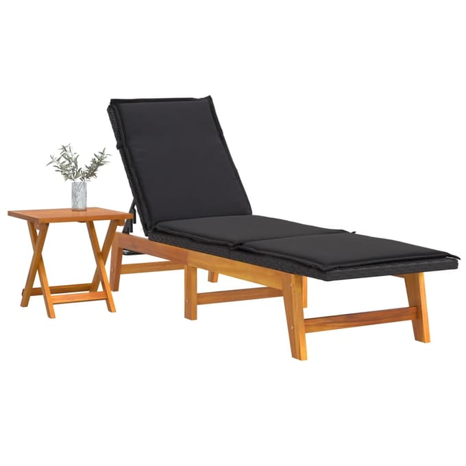 vidaXL - Ligbed - met - tafeltje - poly - rattan - en - massief - acaciahout