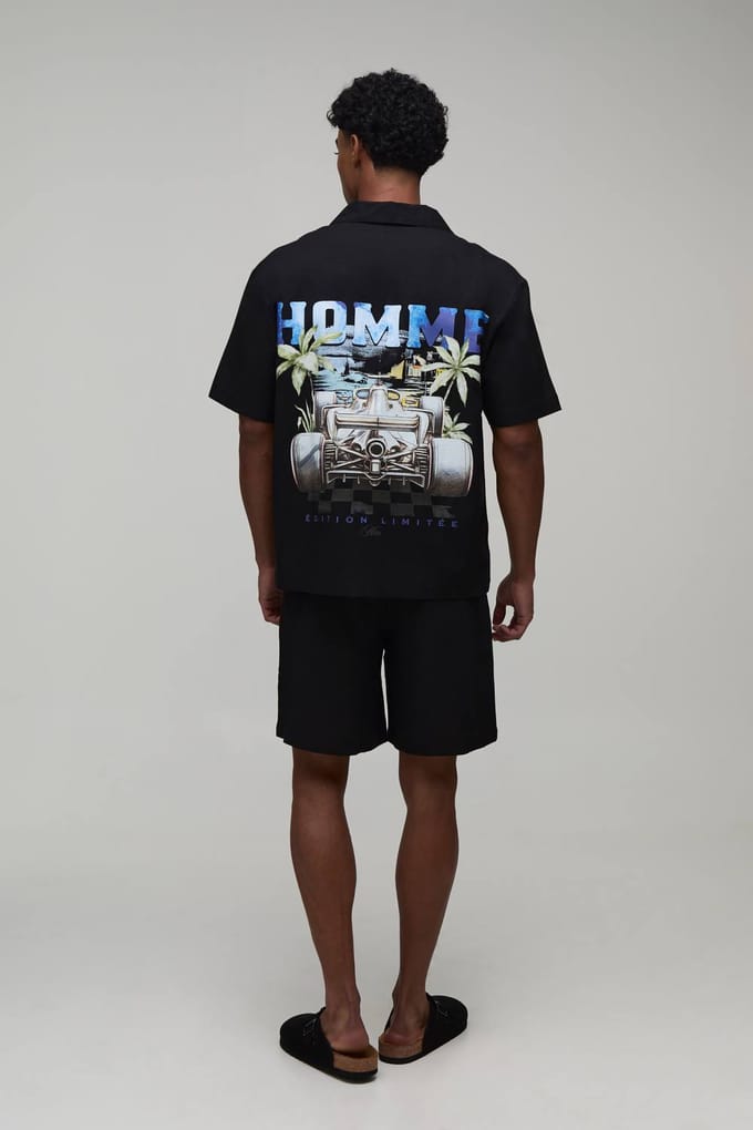 Homme Racing Back Print Oversized Shirt & Short Set | Black | Size Medium