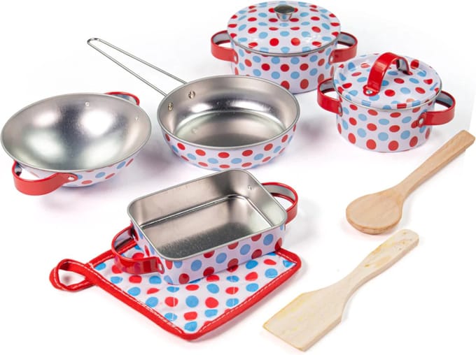 Pannenset - Metaal - Met rode & blauwe stippen - Incl. accessoires - 10dlg.